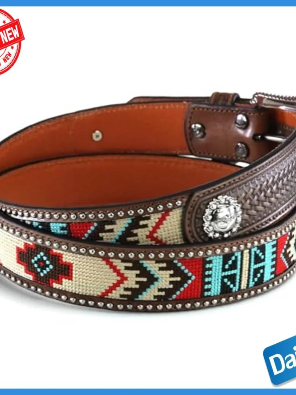 Men's Genuine Leather Western Belt with Embroidered Pattern, Size 44